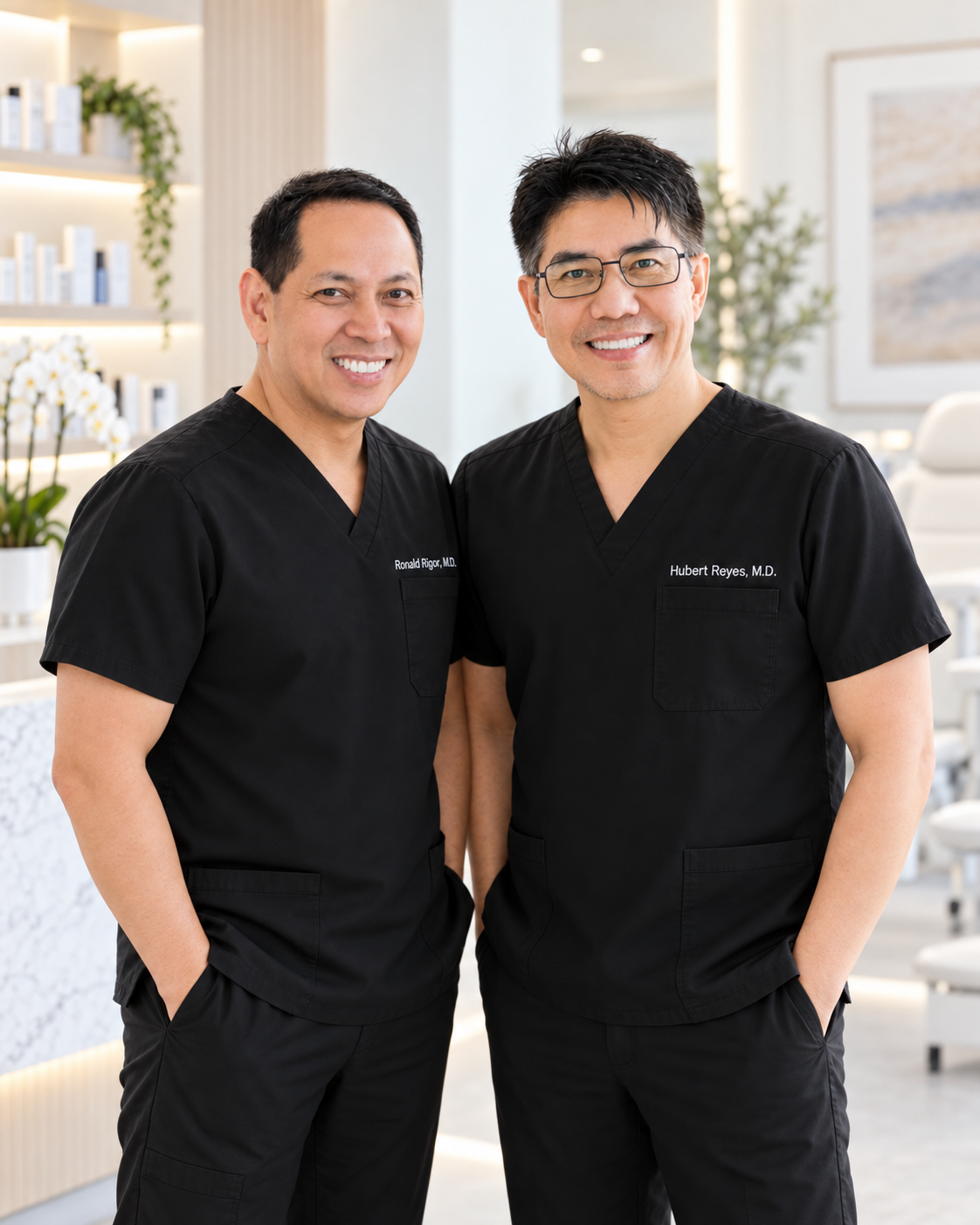 Ronald Rigor, M.D. and Hubert Reyes, M.D. consulting with patients in a bright medical office