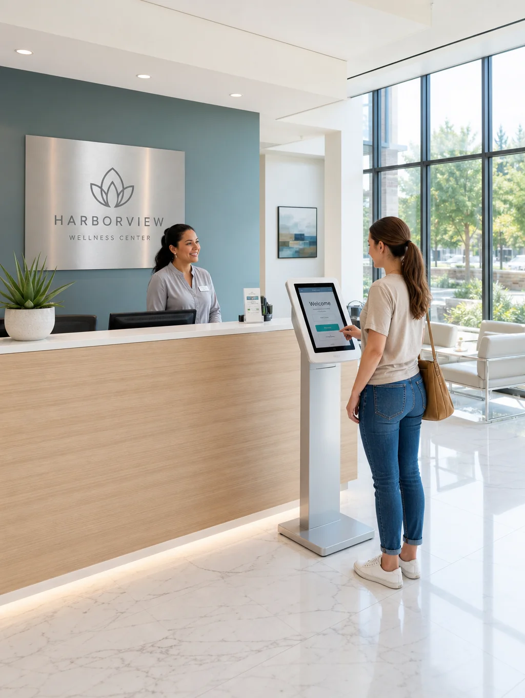 Light-filled, welcoming reception area at Rigor-Reyes Dermatology in Pasadena