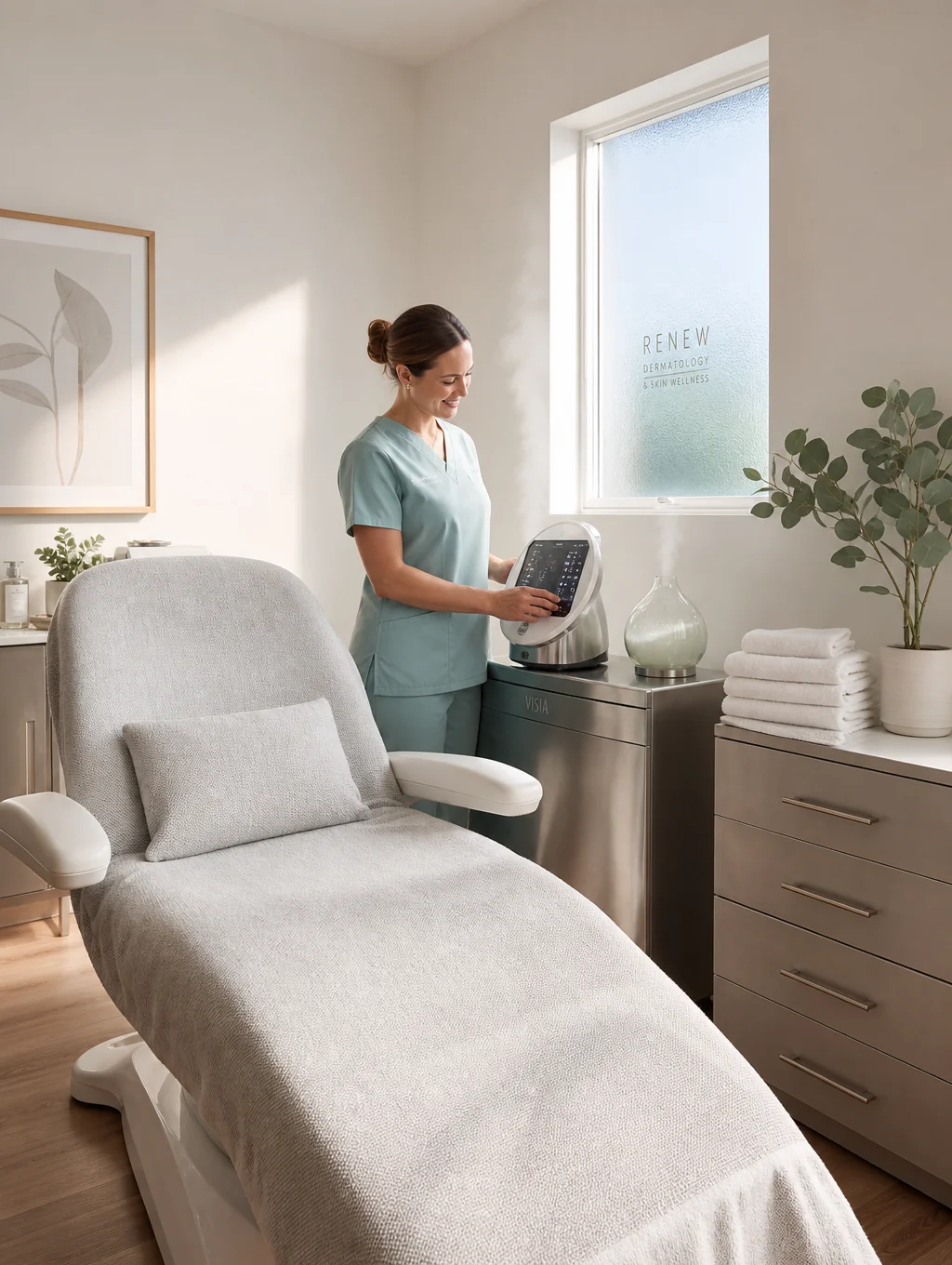 Board-certified dermatologist reviewing personalized skin analysis with a patient in Pasadena clinic
