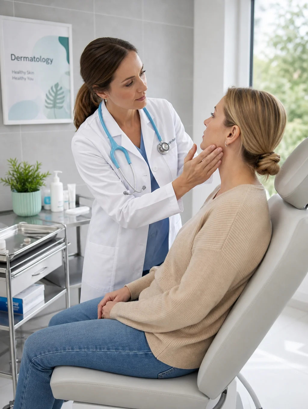 Dermatologist examining a patient skin evaluation in a bright clinical office