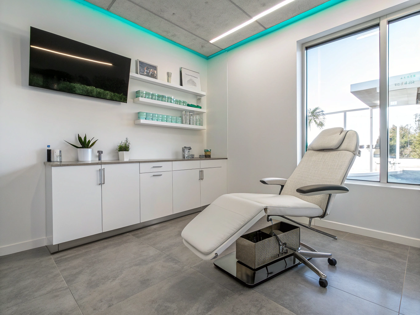 Modern clinical treatment room with natural daylight at Rigor-Reyes Dermatology in Pasadena